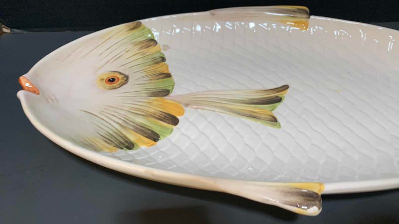 Photo 1 of VINTAGE ITALIAN HAND PAINTED POTTERY FISH SERVING PLATTER NUMBERED 36/66 16” X 10”