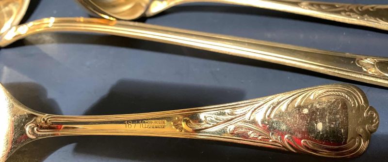 Photo 1 of 10-EDELSTAHL ROSTFREI 18/10 SOLINGEN 23/24 CARAT GOLD-PLATED SERVICE PIECES MADE IN GERMANY