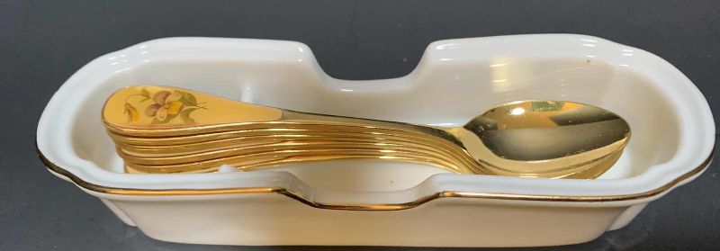 Photo 1 of 6-UNION CRAFT ENAMELED SPOONS AND PORCELAIN CASE MADE IN JAPAN