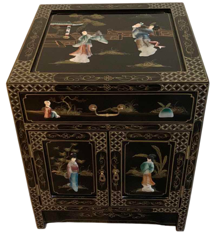 Photo 1 of $600 VINTAGE CHINESE CHINOISERIE GEISHA GIRLS LACQUER SIDE CABINET SOAPSTONE 20” X 20” H 24”