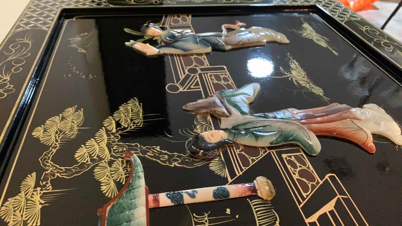 Photo 1 of $600 VINTAGE CHINESE CHINOISERIE GEISHA GIRLS LACQUER SIDE  CABINET SOAPSTONE 20” X 20” H 24”
