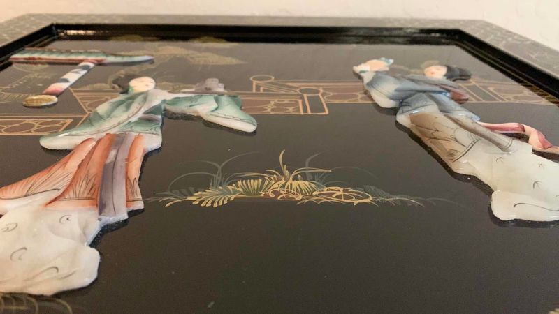Photo 1 of $600 VINTAGE CHINESE CHINOISERIE GEISHA GIRLS LACQUER SIDE  CABINET SOAPSTONE 20” X 20” H 24”
