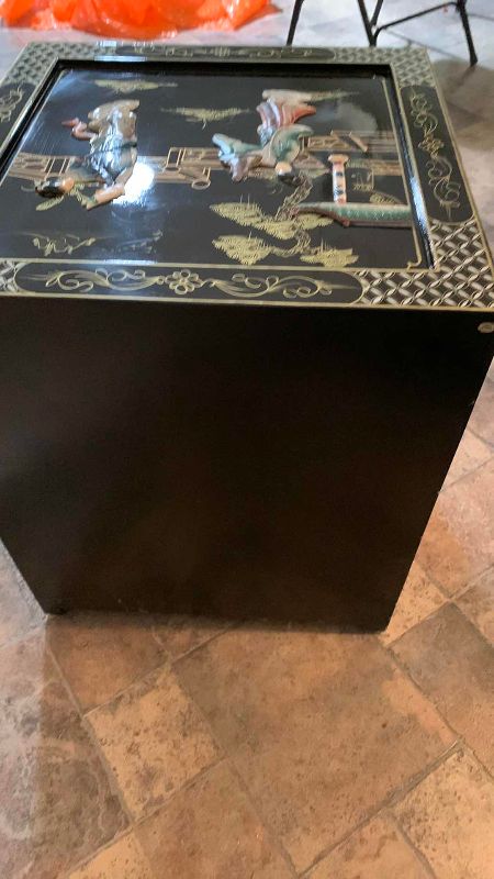 Photo 1 of $600 VINTAGE CHINESE CHINOISERIE GEISHA GIRLS LACQUER SIDE  CABINET SOAPSTONE 20” X 20” H 24”