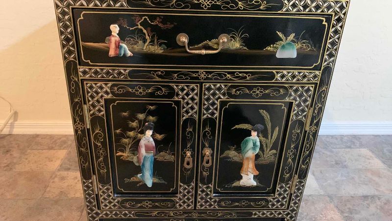 Photo 1 of $600 VINTAGE CHINESE CHINOISERIE GEISHA GIRLS LACQUER SIDE  CABINET SOAPSTONE 20” X 20” H 24”