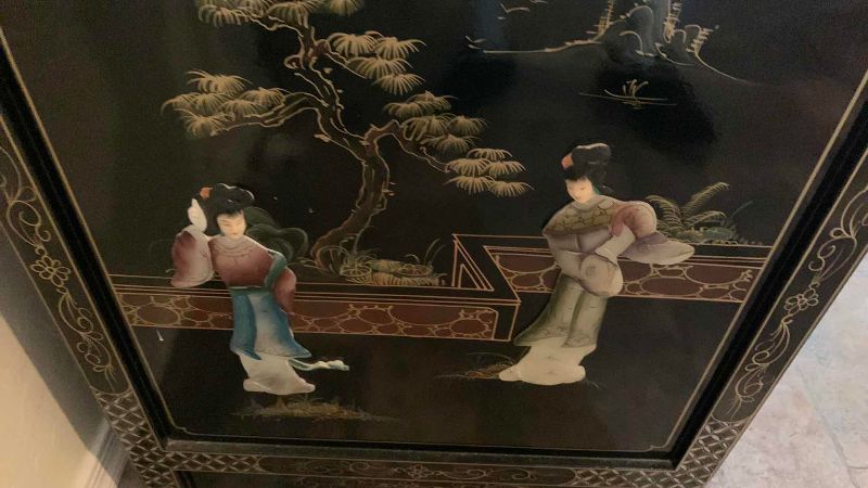 Photo 1 of $600 VINTAGE CHINESE CHINOISERIE GEISHA GIRLS LACQUER SIDE  CABINET SOAPSTONE 20” X 20” H 24”
