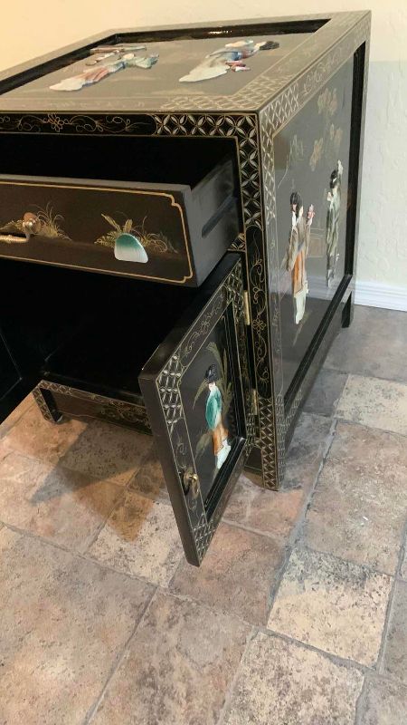 Photo 1 of $600 VINTAGE CHINESE CHINOISERIE GEISHA GIRLS LACQUER SIDE  CABINET SOAPSTONE 20” X 20” H 24”