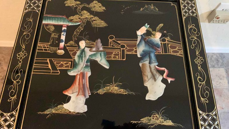 Photo 1 of $600 VINTAGE CHINESE CHINOISERIE GEISHA GIRLS LACQUER SIDE  CABINET SOAPSTONE 20” X 20” H 24”