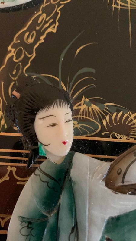 Photo 1 of $600 VINTAGE CHINESE CHINOISERIE GEISHA GIRLS LACQUER SIDE  CABINET SOAPSTONE 20” X 20” H 24”