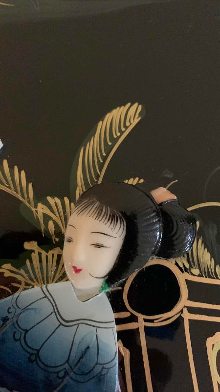Photo 1 of $600 VINTAGE CHINESE CHINOISERIE GEISHA GIRLS LACQUER SIDE  CABINET SOAPSTONE 20” X 20” H 24”