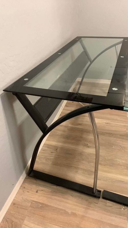 Photo 1 of L SHAPED GLASS AND METAL  DESK 56” X 56” H 30”