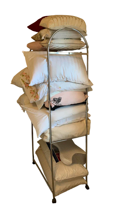 Photo 1 of METAL STORAGE CART WITH WHEELS 30” X 18” H 71” LINENS AND PILLOWS NOT INCLUDED