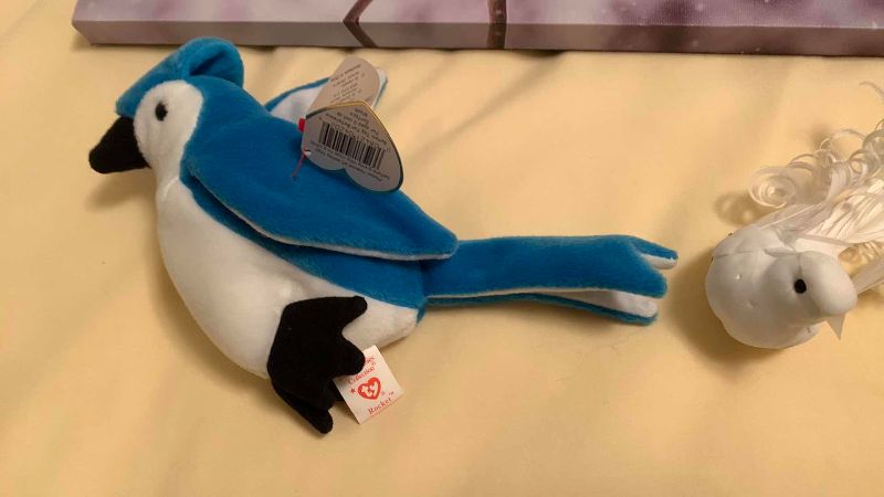 Photo 1 of RETIRED TY BEANIE BABY “ROCKET” BLUEBIRD AND CARDINAL ARTWORK 16” X 12”
