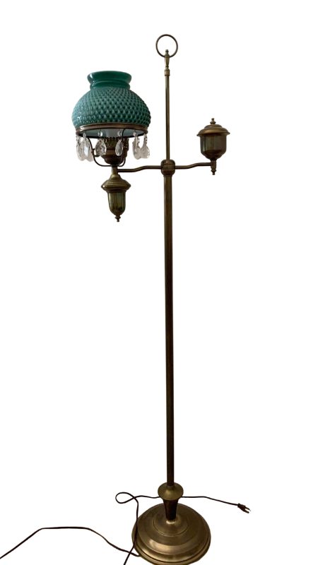 Photo 1 of VINTAGE STUDENTS FLOOR LAMP WITH GREEN GLASS SHADE 58”