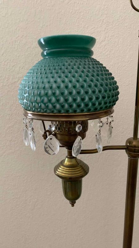 Photo 1 of VINTAGE STUDENTS FLOOR LAMP WITH GREEN GLASS SHADE 58”