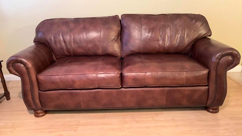 Photo 1 of THOMASVILLE BENJAMIN NAIL HEAD TRIM LEATHER SOFA 88” X 37” H 38” 
