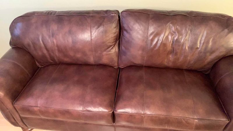 Photo 1 of THOMASVILLE BENJAMIN NAIL HEAD TRIM LEATHER SOFA 88” X 37” H 38” 