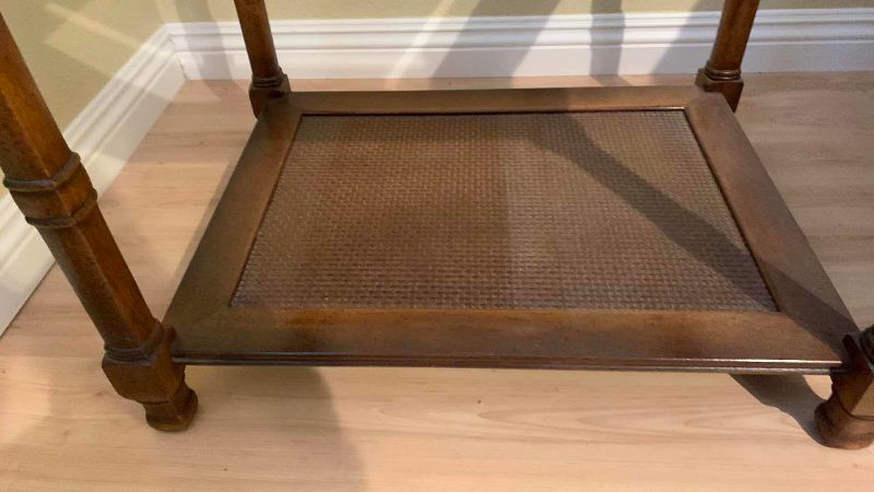 Photo 1 of VINTAGE BEVELED GLASS WOOD AND WICKER END TABLE 27” X 21” H 21”