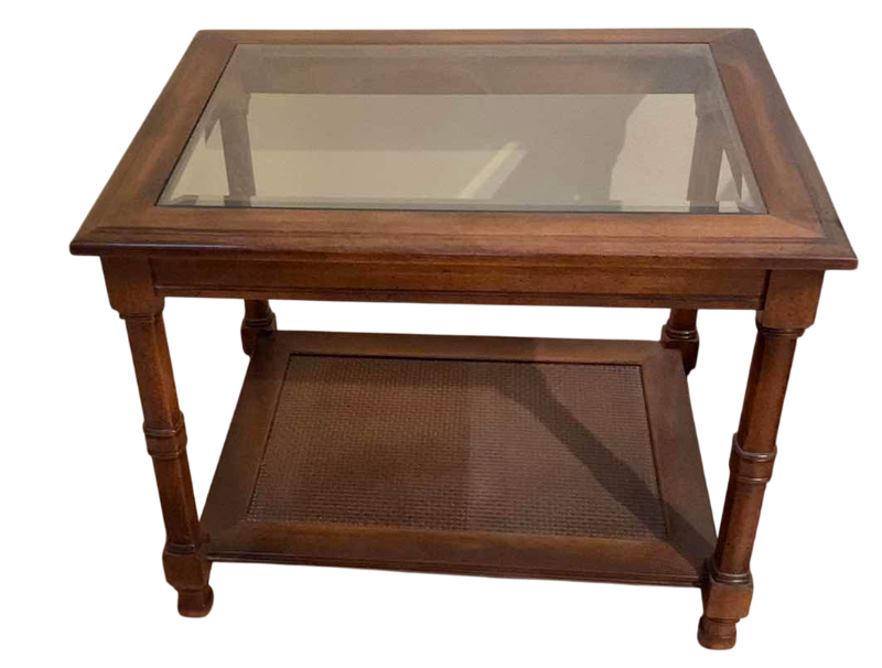 Photo 1 of VINTAGE BEVELED GLASS WOOD AND WICKER END TABLE 27” X 21” H 21”
