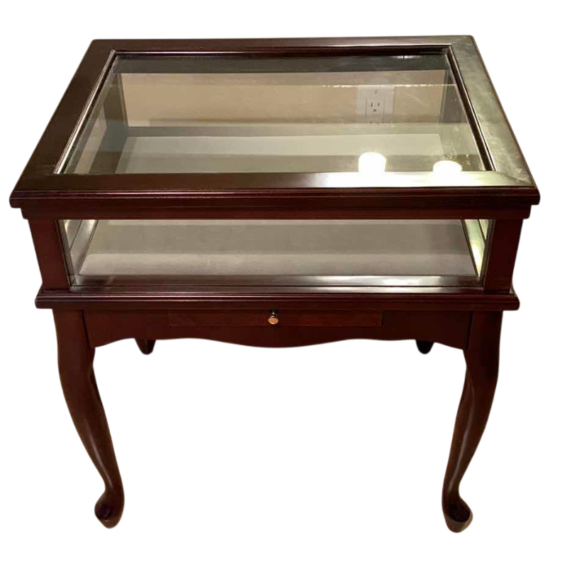Photo 1 of GLASS AND WOODEN CURIO TABLE WITH LIFTABLE LID 22” X 17” H 24”