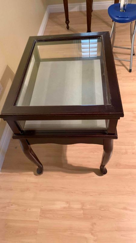 Photo 1 of GLASS AND WOODEN CURIO TABLE WITH LIFTABLE LID 22” X 17” H 24”
