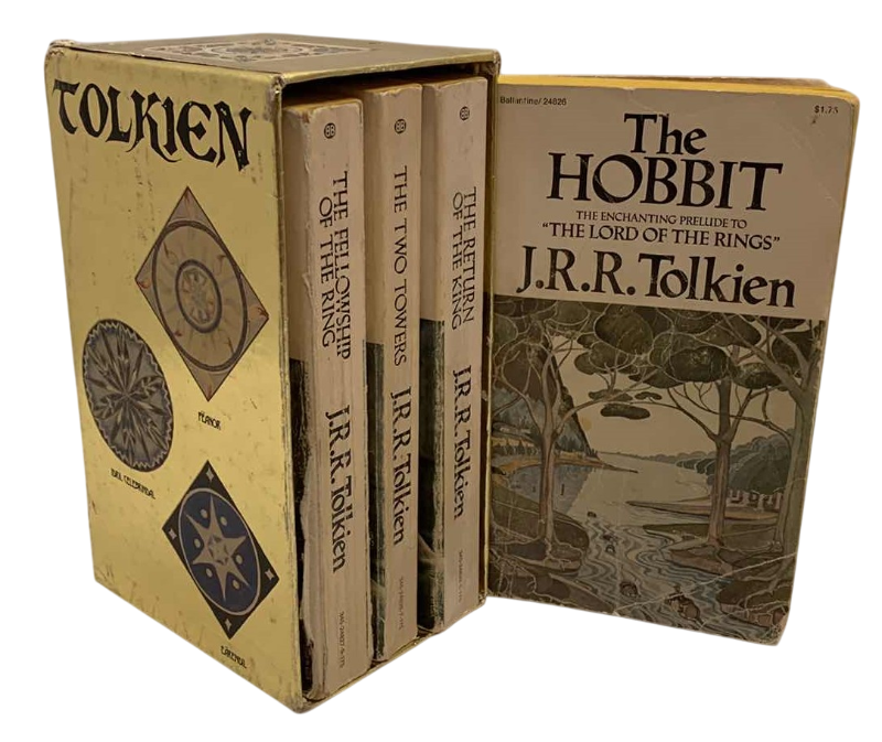 Photo 1 of VINTAGE J.R.R TOLKIEN GOLD FOIL LORD OF THE RINGS TRILOGY BOX SET PLUS THE HOBBIT BOOK