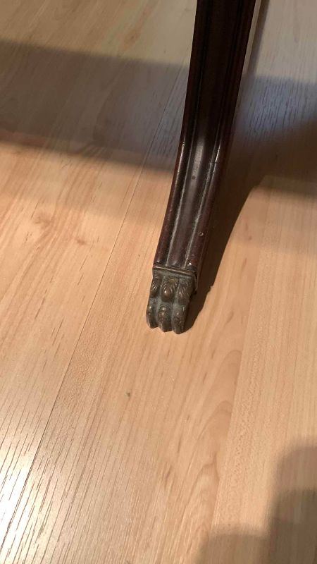 Photo 1 of VINTAGE WOOD INLAID TABLE WITH CLAW FEET GLASS TOP 34” X 18” H 17”