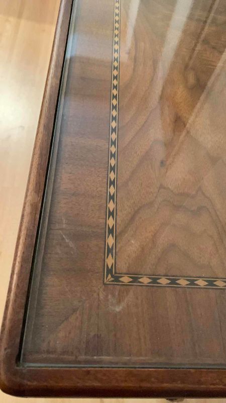 Photo 1 of VINTAGE WOOD INLAID TABLE WITH CLAW FEET GLASS TOP 34” X 18” H 17”