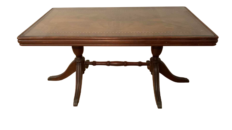 Photo 1 of VINTAGE WOOD INLAID TABLE WITH CLAW FEET GLASS TOP 34” X 18” H 17”