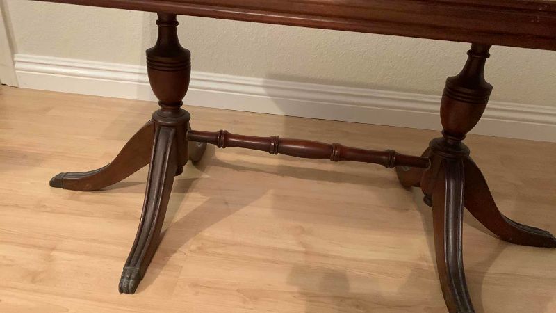 Photo 1 of VINTAGE WOOD INLAID TABLE WITH CLAW FEET GLASS TOP 34” X 18” H 17”