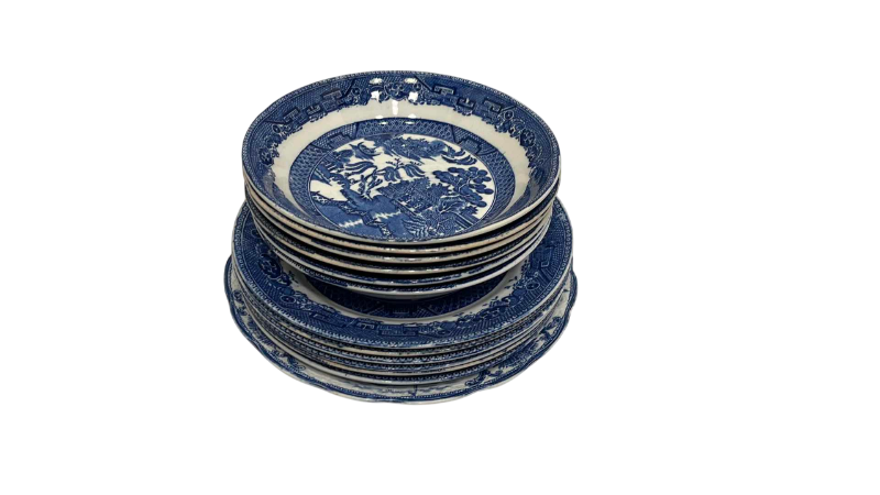 Photo 1 of 13-BLUE WILLOW WEDGWOOD CHINOISERIE ASIAN INSPIRED PLATES AND BOWLS
