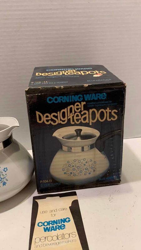 Photo 1 of VINTAGE CORNING WARE 6 CUP TEAPOT P-104-11 WITH ORIGINAL BOX