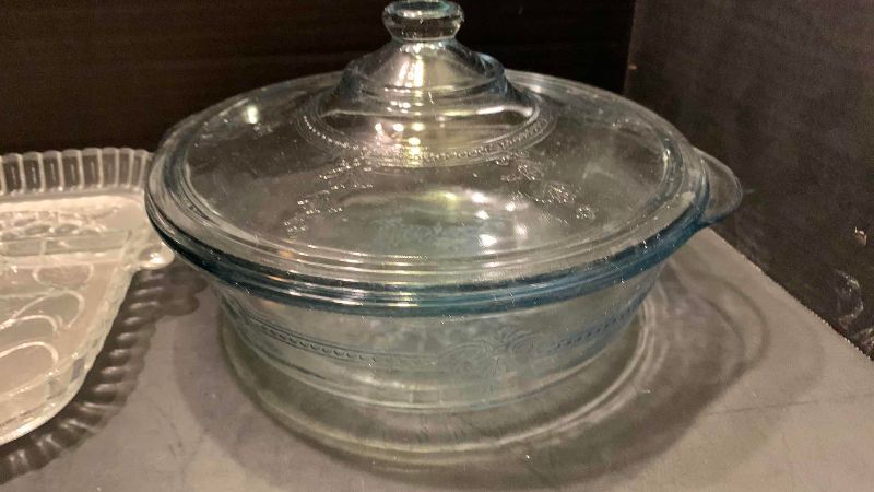 Photo 1 of VINTAGE FIRE KING SAPPHIRE BLUE PHILBE CASSEROLE DISH AND CANDY SERVING PLATES