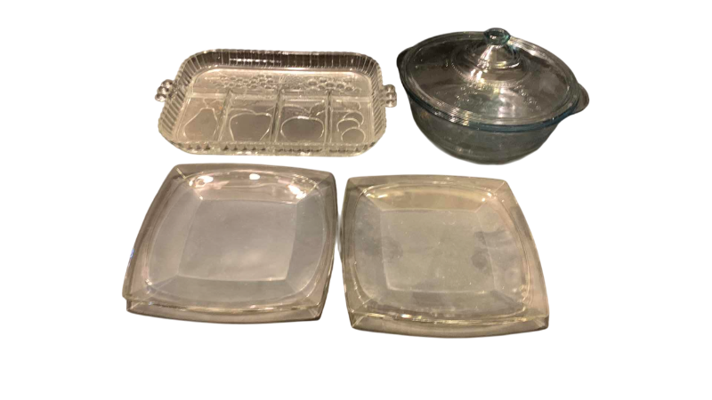 Photo 1 of VINTAGE FIRE KING SAPPHIRE BLUE PHILBE CASSEROLE DISH AND CANDY SERVING PLATES