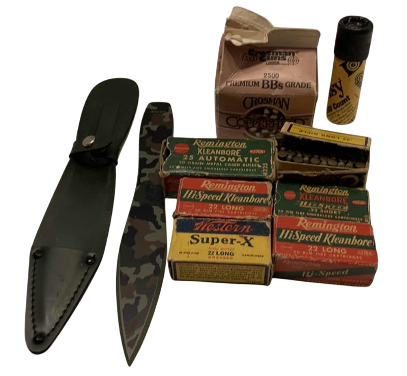 Photo 1 of VINTAGE .22 AND .25 AMMUNITION, BB’S AND A CAMO THROWING KNIFE