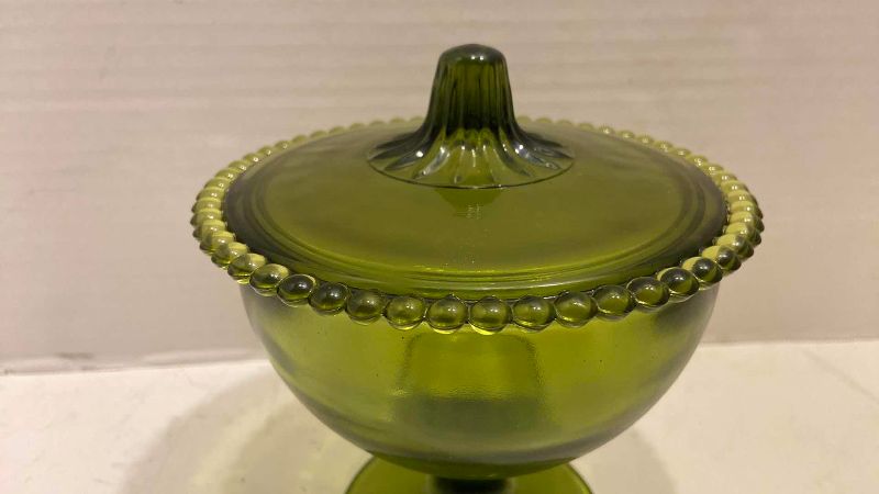 Photo 1 of VINTAGE STEMMED CANDY BOX AND COVER OLIVE GREEN