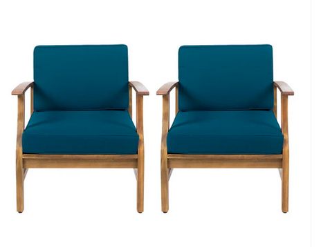 Photo 1 of ABENA OUTDOOR TEAK FINISHED ACACIA WOOD CLUB CHAIRS WITH WATER RESISTANT BLUE COLOR CUSHIONS
