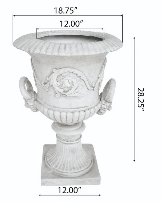 Photo 1 of JOA CHALICE GARDEN URN PLANTER, ROMAN, BOTANICAL, LIGHTWEIGHT CONCRETE ANTIQUE WHITE VASE