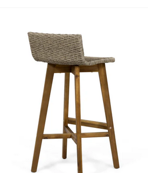 Photo 1 of BELLAGIO OUTDOOR ACACIA WOOD TEAK FINISH + LIGHT BROWN WICKER BAR STOOLS SET OF 2 