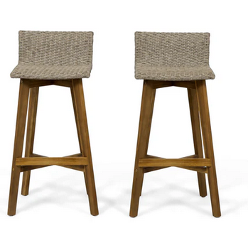 Photo 1 of BELLAGIO OUTDOOR ACACIA WOOD TEAK FINISH + LIGHT BROWN WICKER BAR STOOLS SET OF 2 