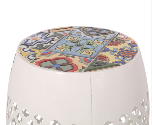 Photo 1 of KALYSE OUTDOOR LACE CUT SIDE TABLE WITH TILE TOP WHITE 