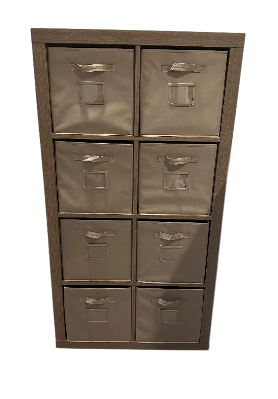 Photo 1 of WOODEN SHELVING UNIT WITH CLOTH DRAWER BASKETS 31” X 16” H 59”