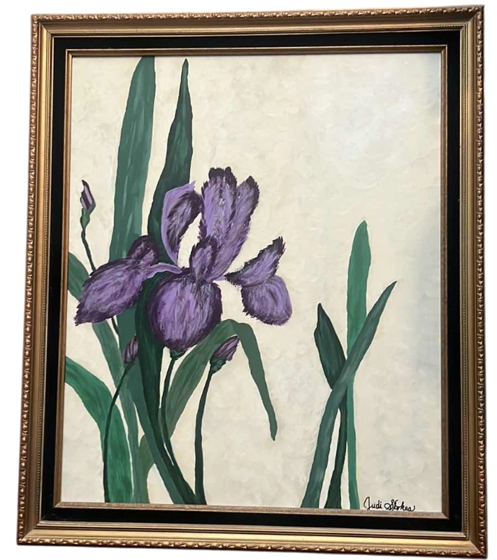 Photo 1 of ORIGINAL JUDY STOKES OIL PAINTING IRIS FLOWERS 24” X 28”