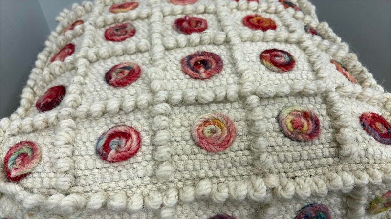 Photo 1 of HAND KNITTED POUF OFF WHITE WITH RAINBOW CIRCLES 4O" SQUARE