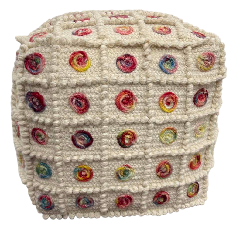 Photo 1 of HAND KNITTED POUF OFF WHITE WITH RAINBOW CIRCLES 4O" SQUARE