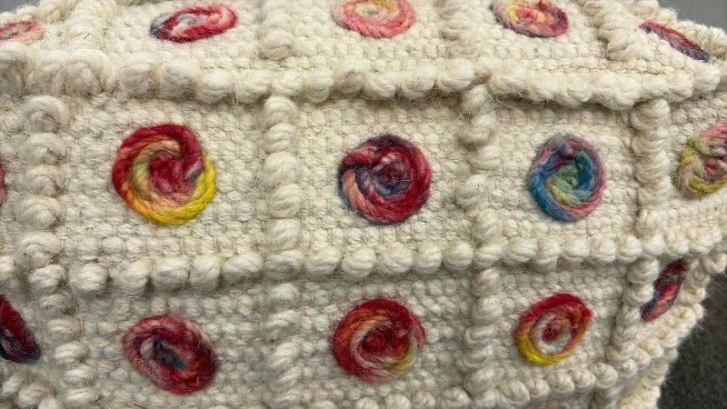 Photo 1 of HAND KNITTED POUF OFF WHITE WITH RAINBOW CIRCLES 4O" SQUARE