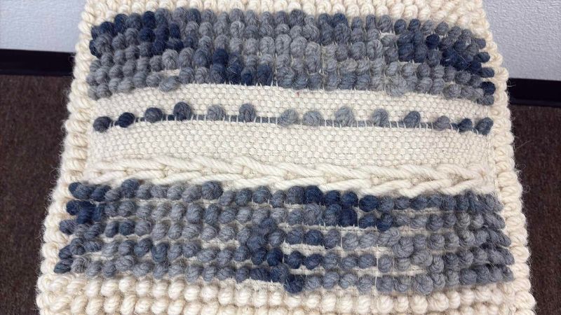 Photo 1 of WOOL 16" SQUARE POUF CREAM AND BLUE