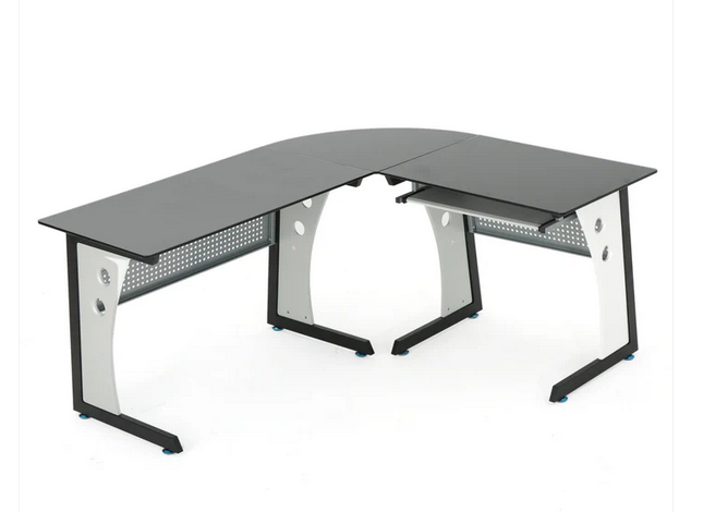 Photo 1 of ORION MODERN L-SHAPED BLACK AND GREY IRON CORNER OFFICE DESK BLACK AND GRAY WITH TEMPERED GLASS TOP