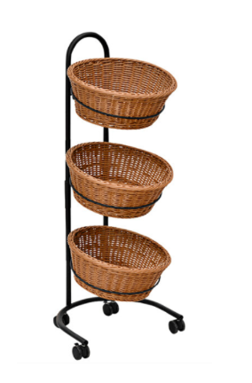 Photo 1 of 3 TIER MOBILE MERCHANDISER WITH ROUND PLASTIC WICKER BASKETS 42”