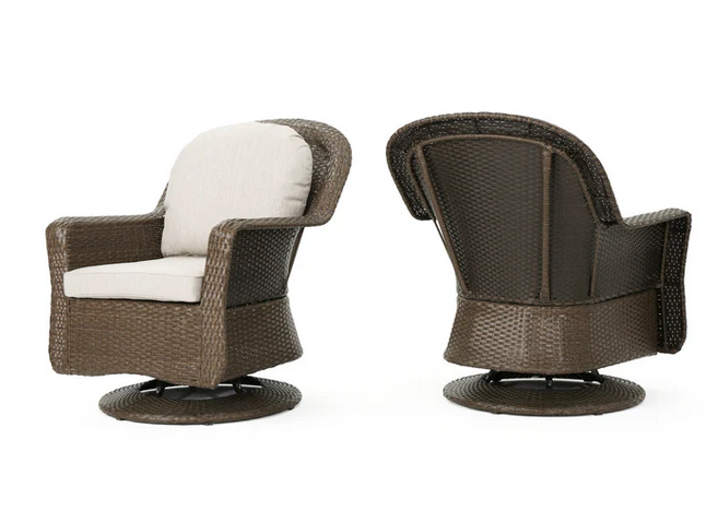 Photo 1 of 2 LINSTEN OUTDOOR WICKER BROWN SWIVEL CLUB CHAIRS WITH WATER RESISTANT CUSHIONS