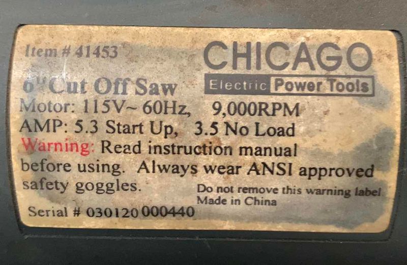 Photo 1 of  CHIGAGO ELECTIC 6” CUT OFF SAW 14” X 14” MODEL 41453